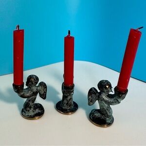 Three Angel Candle Holders Miniature Brass With Verdigris Patina VINTAGE Germany